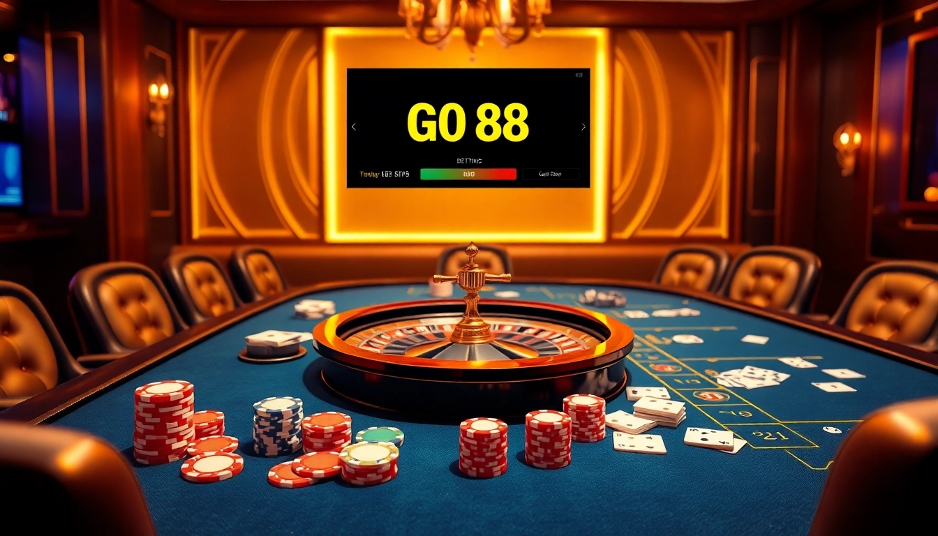 Experience GO 88 excitement at a luxurious casino with vibrant poker chips and sleek playing cards.