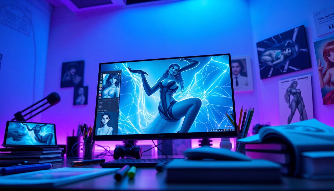 AI NSFW artworks in a futuristic digital art studio with ambient lighting.
