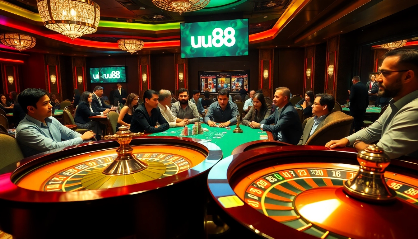 Exciting poker scene at uu88 casino with vibrant players and roulette wheel.