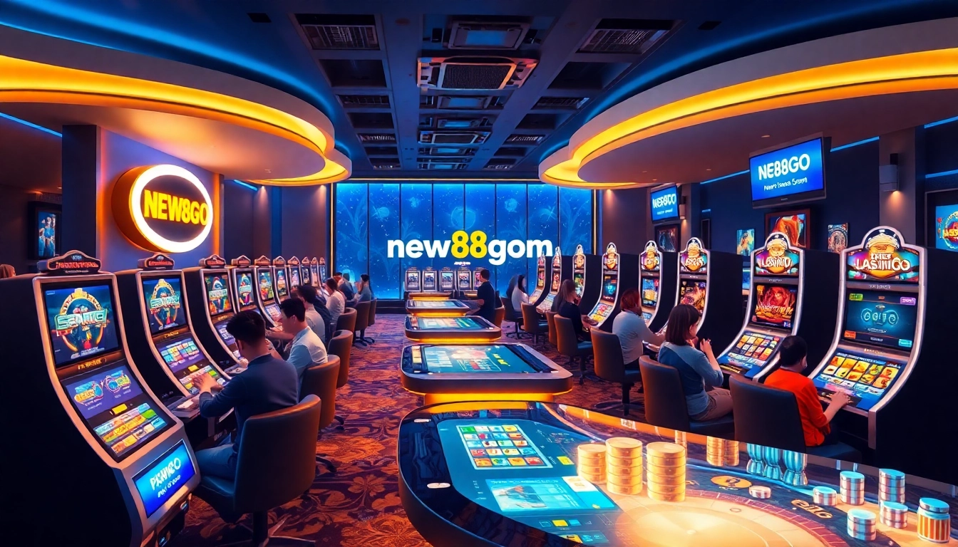 Exciting online casino scene featuring new88go.com with engaging players and modern gaming tables.