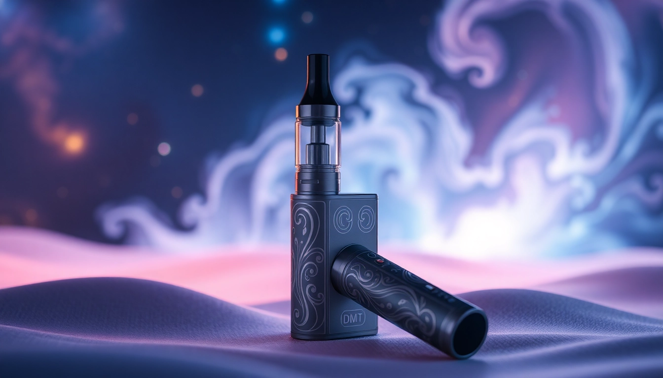 Buy DMT disposable vape pen showcased with ethereal cosmic elements and soft lighting