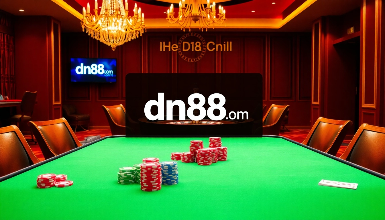 Exciting gambling table at dn88.com featuring colorful poker chips, cards, and a roulette wheel.