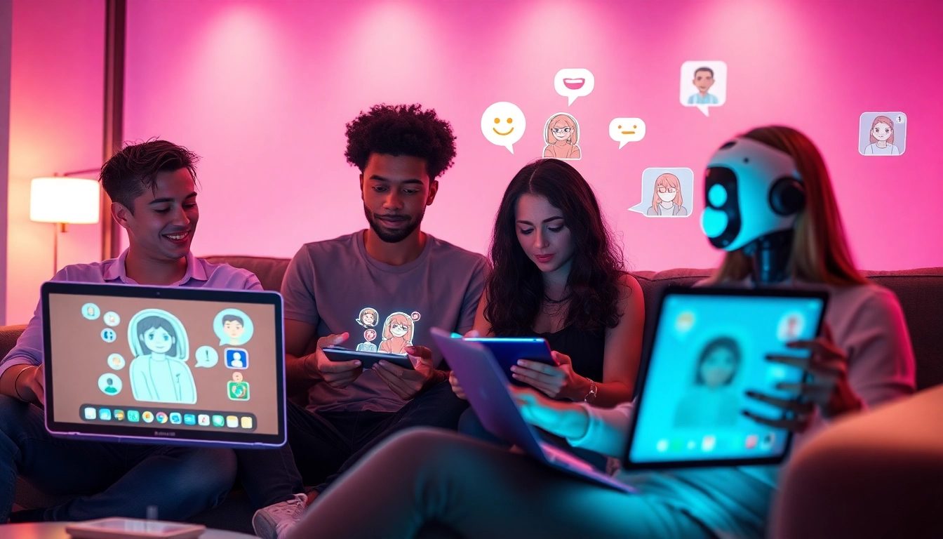 Interactive NSFW AI chat experience with diverse users engaging with chatbots.