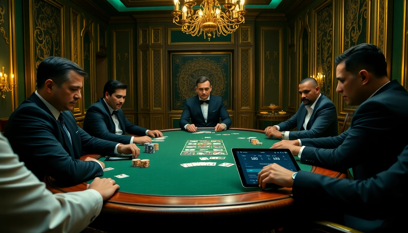 Players engaged in a high-stakes poker game with debet betting options visible on digital devices.