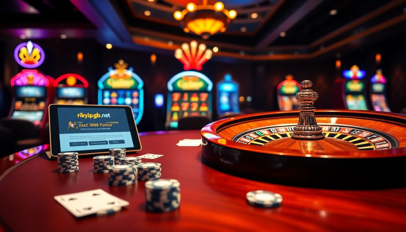 Engage with thrilling games at rikvip.gb.net featuring a luxe poker table and slot machines.