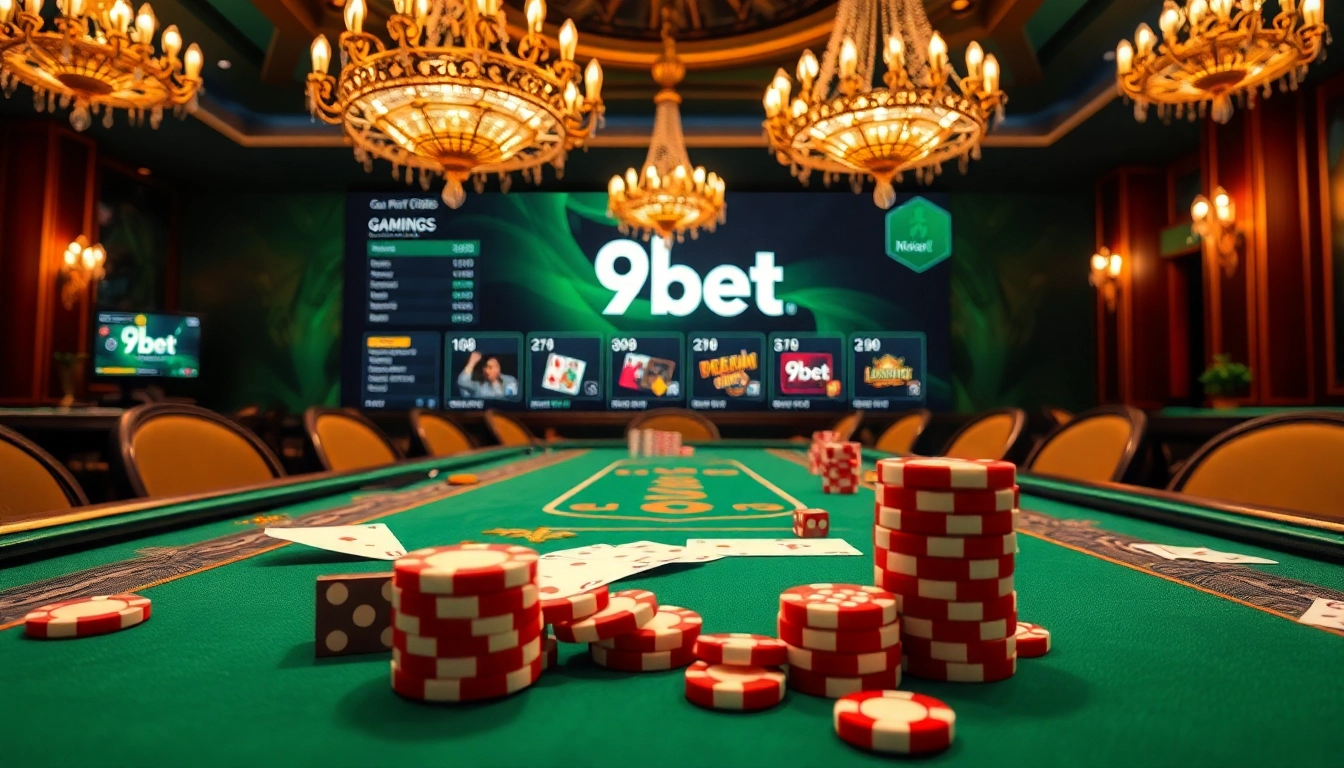 Experience the thrill of 9bet at a luxurious casino table with poker chips and cards.