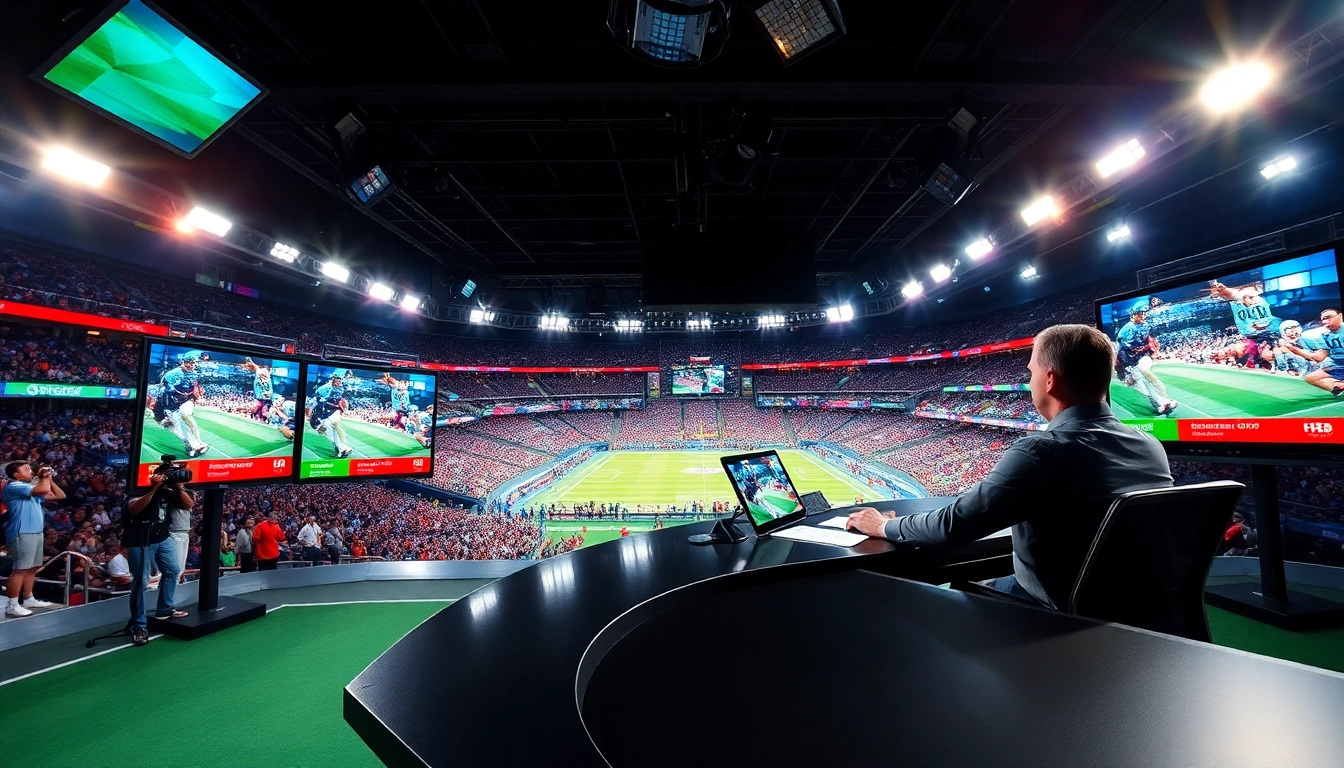 Engaging sports broadcasting studio with commentator presenting live sports updates.