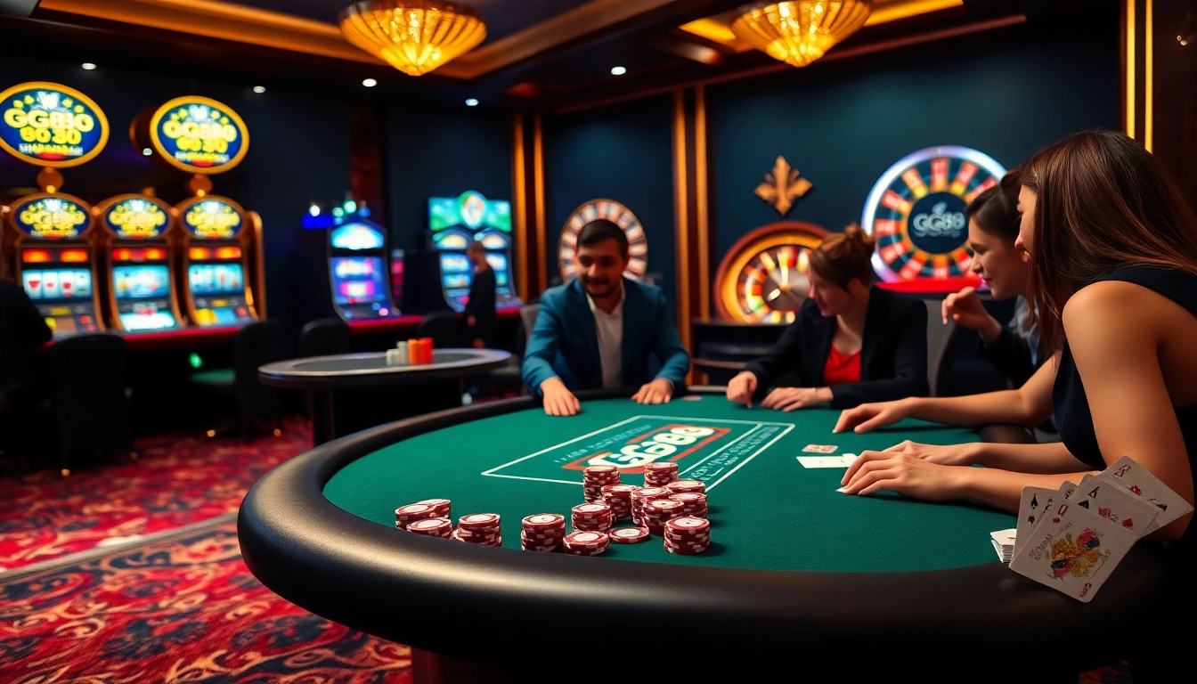 Players enjoying an upscale GG88 poker game, surrounded by vibrant slot machines and roulette.