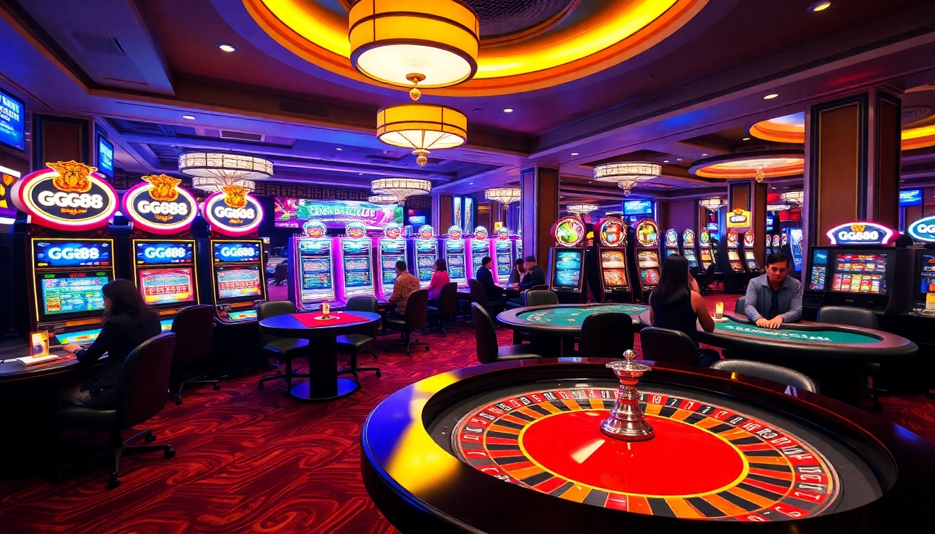Players enjoying GG88 slot machines amidst a lavish casino setting, showcasing excitement and luxury.