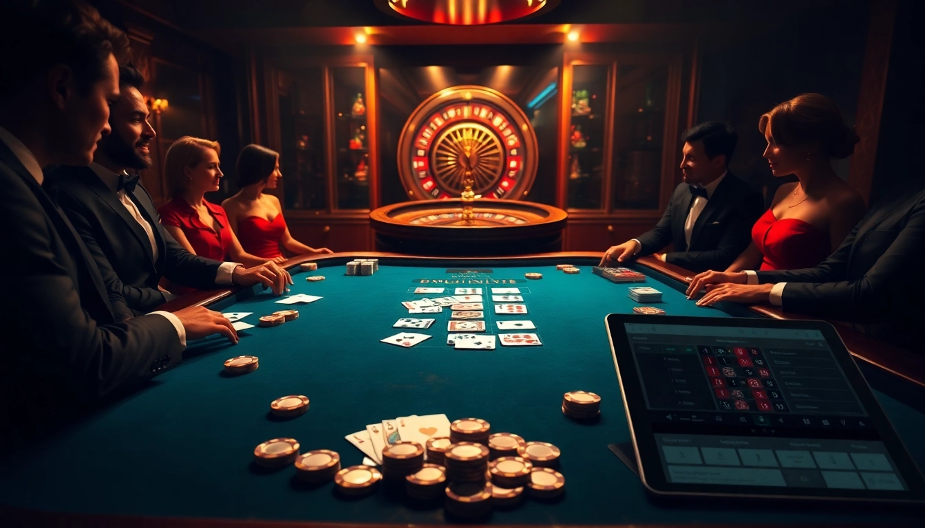 Players enjoying blackjack at a luxury casino, merging traditional tables with modern online elements of https://68wing.com.