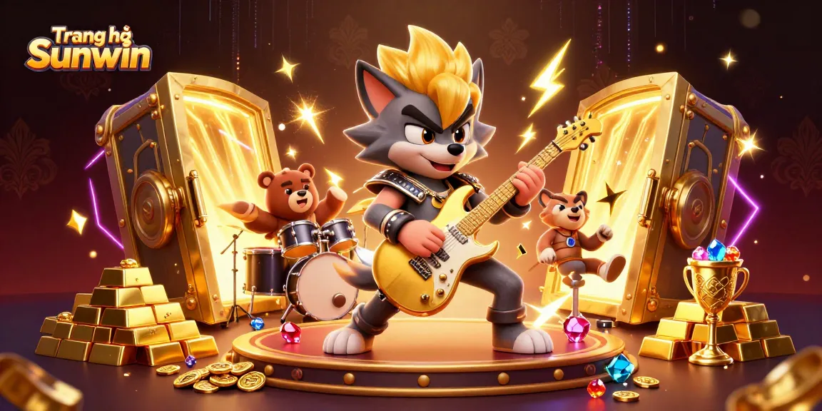 Experience the excitement of Trang chủ Sunwin with a dynamic 3D illustration of a rock star wolf and a drummer bear.