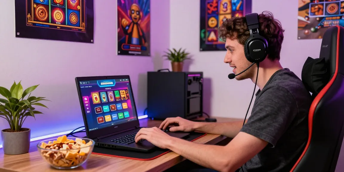 A UK player engaging with a credit card casino on their laptop at home, reflecting the vibrant online gaming experience with various enhancements from https://euf.co.uk.