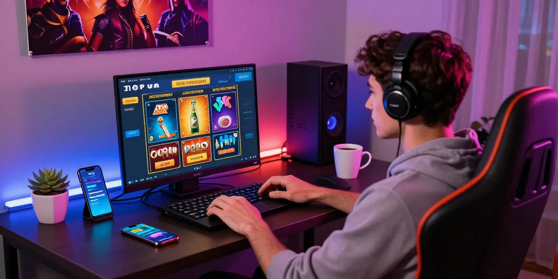 Engaging scene of a gamer at home enjoying credit card casinos on a laptop with vibrant lighting and gaming elements.