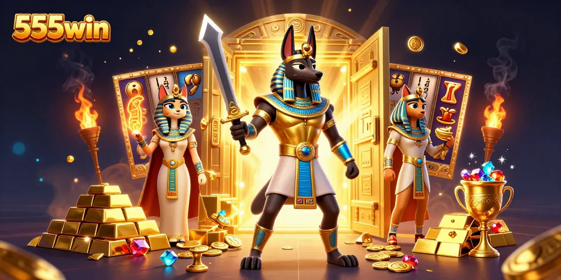 Experience the thrill of 555win with Anubis amidst dynamic slot reels and treasure in a vibrant illustration.