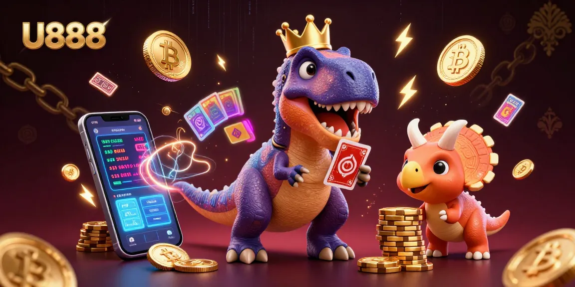Engage with U888 through a vibrant 3D casino scene featuring friendly dinosaurs and crypto elements.