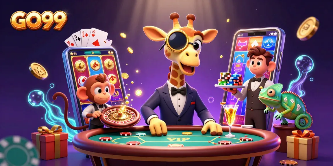 GO99 offers thrilling action as a high-roller giraffe and friends enjoy games at a lavish casino.
