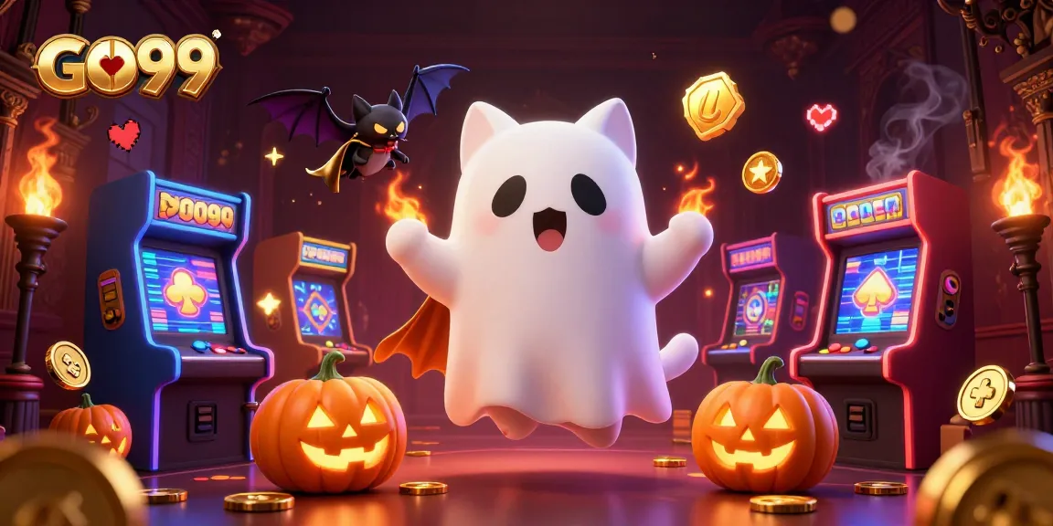 GO99 elevates gaming excitement with a playful ghost cat and vampire bat in a haunted casino.