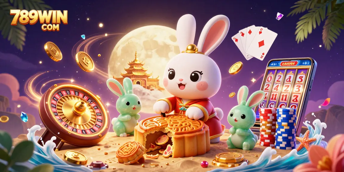 Experience the thrill of 789WIN COM with a magical moon rabbit scene showcasing golden jackpots and vibrant casino elements.