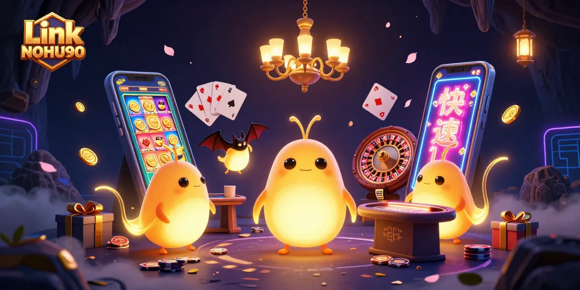 Engage with the exciting world of Link NOHU90 as glowworms illuminate a cavernous casino filled with vibrant game elements.